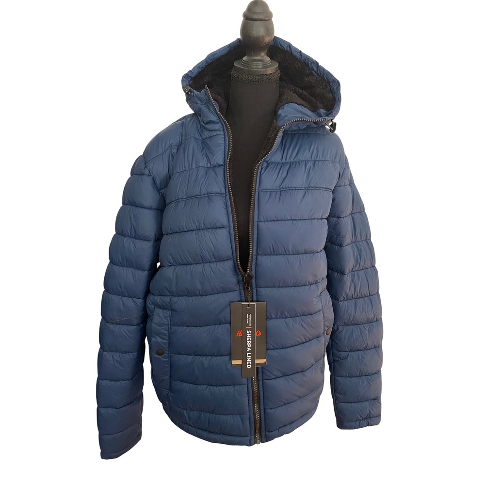 Hawke & Co Rockaway Sherpa Lined Puffer Jacket Mens M Blue Hooded Coat NWT $150